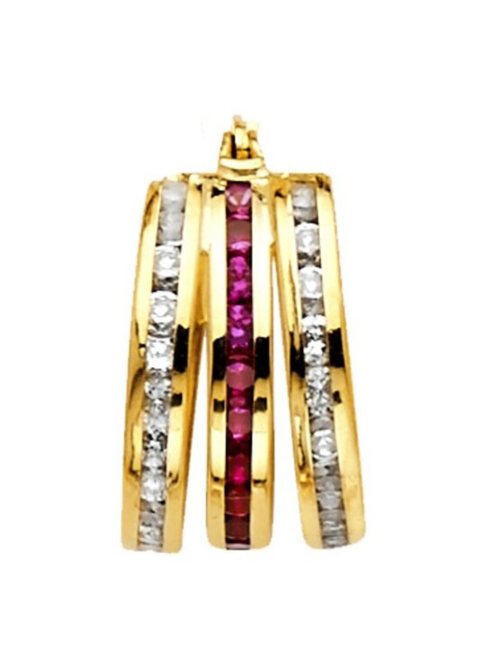 New 14K Yellow Red and White Round CZ Channel 3 Hoop Earrings